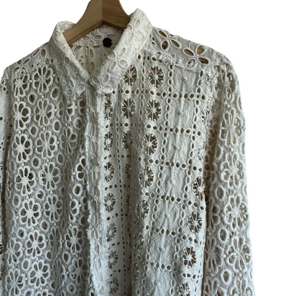 Free People FP One Yesenia Blouse M Crochet Embroidered Button Down Ivory Boho
